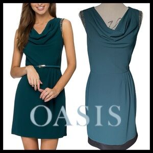 Oasis Dark Teal/Green Cowl Neck Embellished Sleeveless Pleated Dress (6/8)